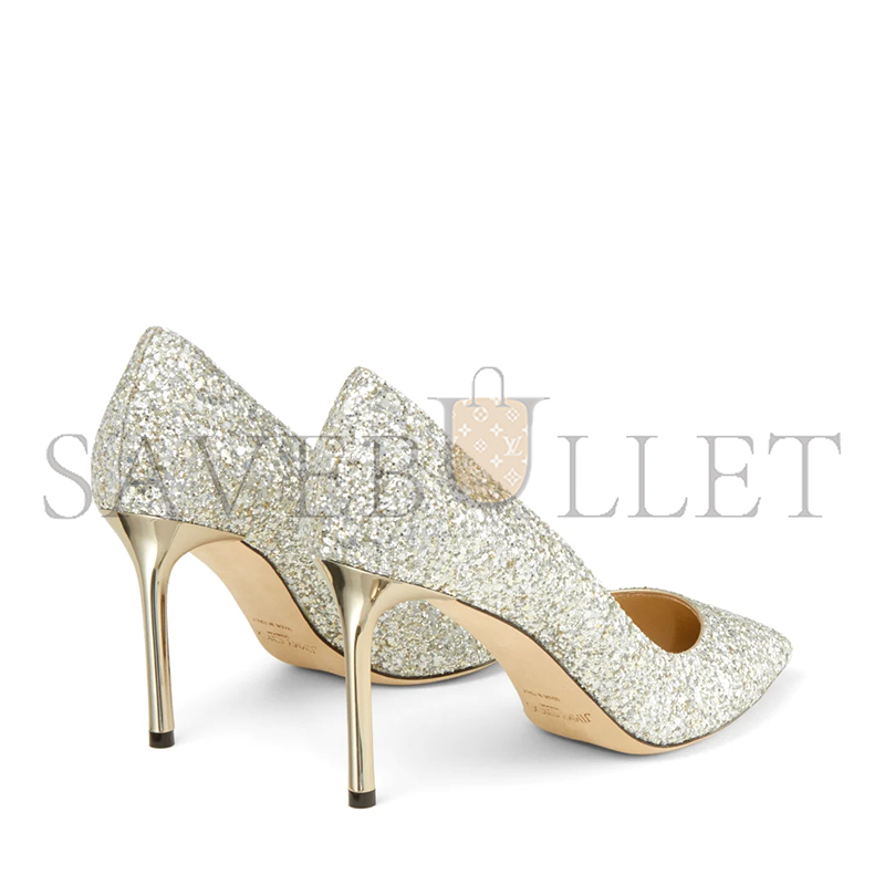JIMMY CHOO ROMY 85 CHAMPAGNE COARSE GLITTER FABRIC POINTY TOE PUMPS ROMY85CGF